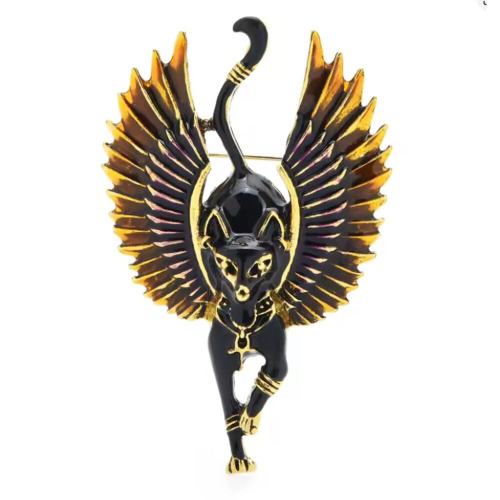Egyptian Cat with Wings Brooch Black & Gold Enamel